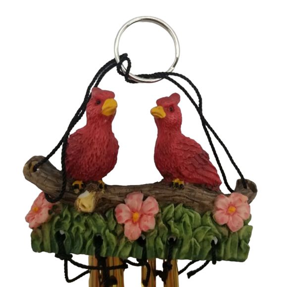 Two Red Birds Wind Chimes Resin 8"  Resting on Floral Branch Grass Metal Rod - Picture 3 of 5